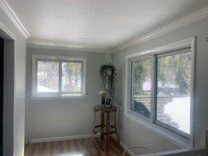 A bright room with light-colored walls, large windows showing a snowy scene outside, a small round table with a plant and photo frame, and a hanging plant near the corner. Sunlight streams onto the wood floor.