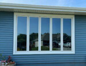 A large white-framed window with four tall panes is set in a blue house exterior. The glass reflects trees, a house, and several parked vehicles outside. Flowers in a planter are visible at the bottom left.