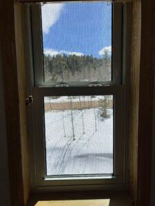 A sunny winter scene viewed through a window, showing snow-covered ground, leafless trees, and a forested hill under a blue sky with scattered clouds.