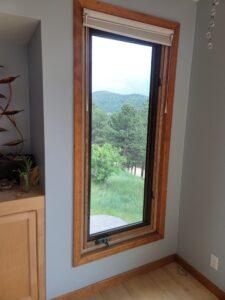 A tall window with a wooden frame reveals a scenic view of green trees and distant hills under a cloudy sky. Indoors, theres a light wood cabinet with plants on the left and pale blue-gray walls.