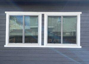 Two side-by-side rectangular windows with white trim are set into a gray, horizontally paneled exterior wall. Reflections of a house, fence, and sky are visible in the glass.