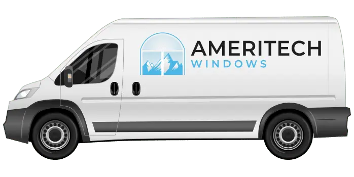 A white van with the Ameritech Windows logo, which features a blue icon of mountains and windows, and the words AMERITECH WINDOWS on the side.